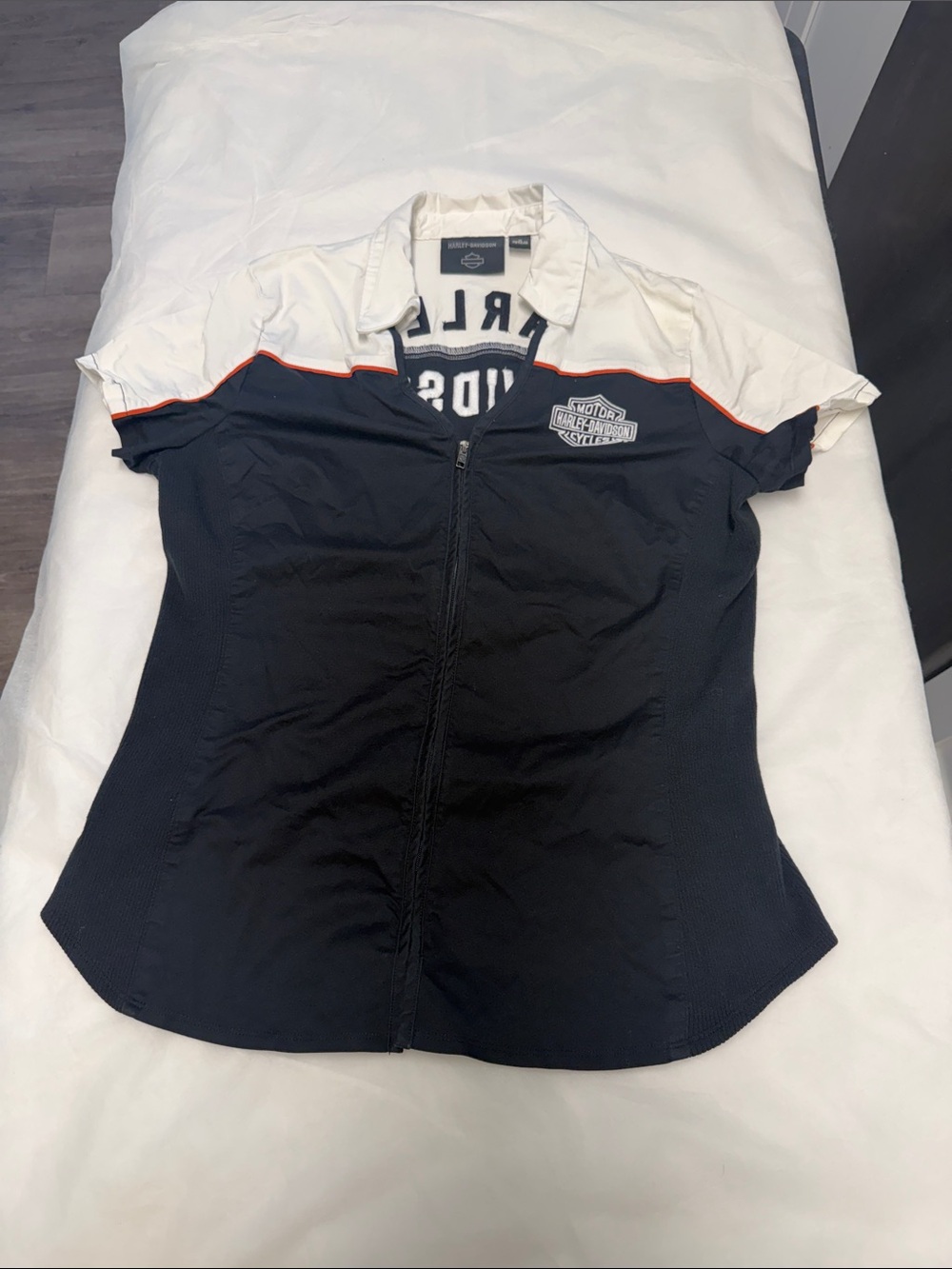 Harley-Davidson Black and White Zip-Front Women's Short Sleeve Top